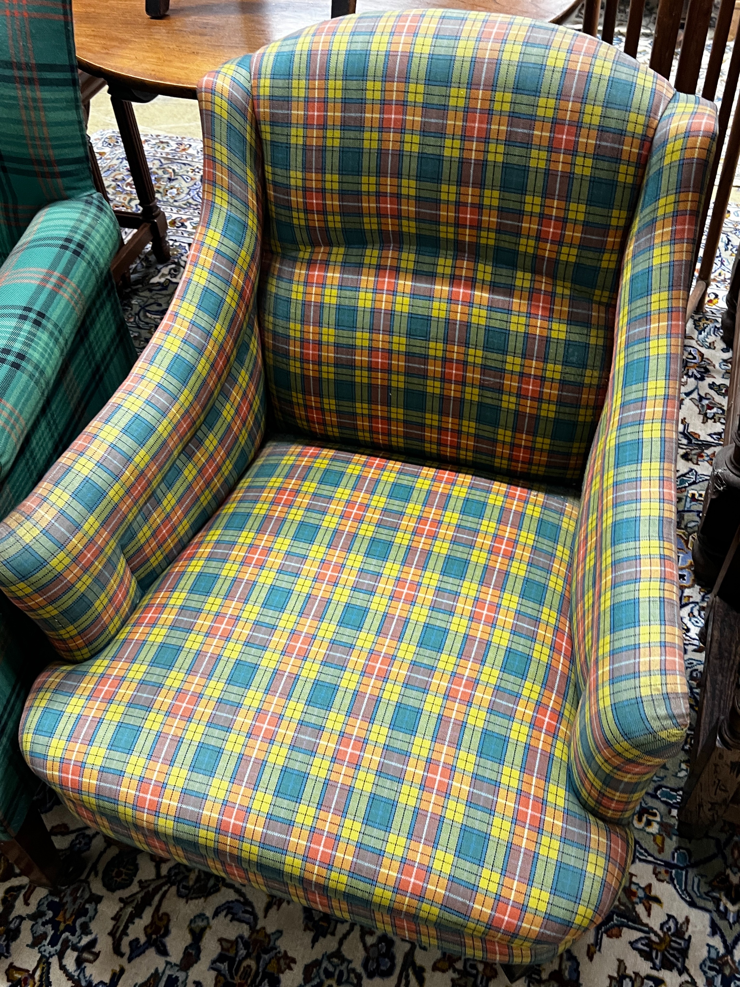 An Edwardian tartan fabric upholstered two seater settee, length 120cm, depth 64cm, height 102cm together with a similar armchair